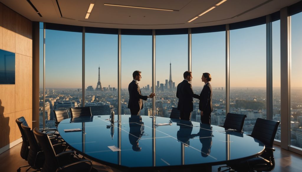 Salle de direction d'une entreprise technologique au coucher du soleil