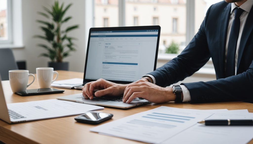 Entrepreneur complétant ses formalités de création d'entreprise en ligne sur un ordinateur portable
