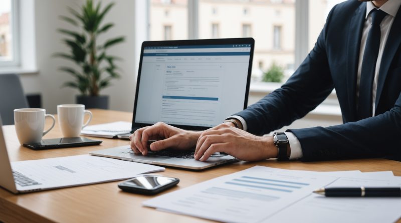 Entrepreneur complétant ses formalités de création d'entreprise en ligne sur un ordinateur portable