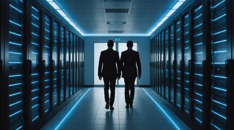 Centre de données moderne avec baies de serveurs illuminées
