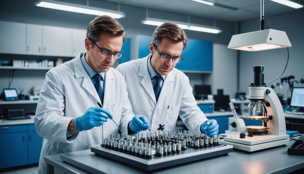 Scientifique analysant des échantillons de minerais de terres rares en laboratoire high-tech