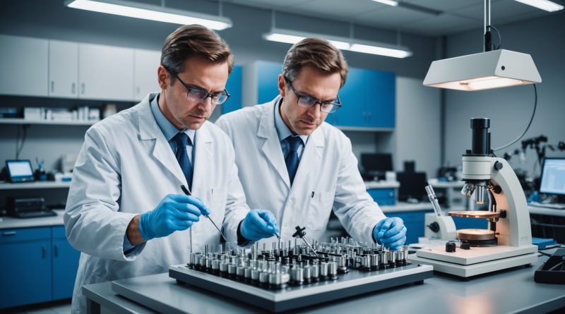 Scientifique analysant des échantillons de minerais de terres rares en laboratoire high-tech