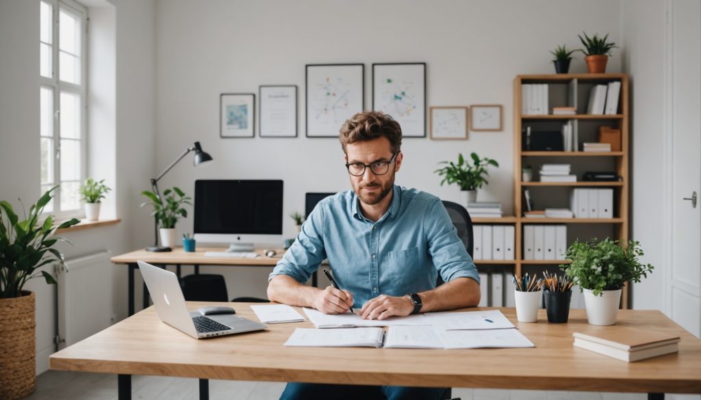 Jeune entrepreneur dans un atelier moderne et lumineux, ambiance startup