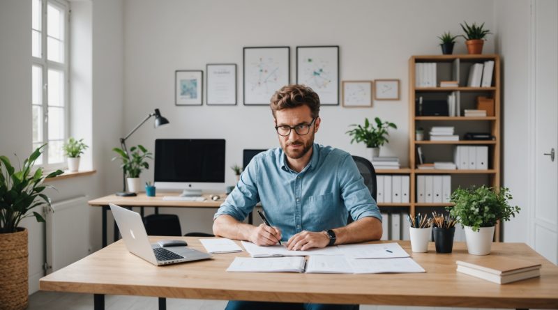 Jeune entrepreneur dans un atelier moderne et lumineux, ambiance startup