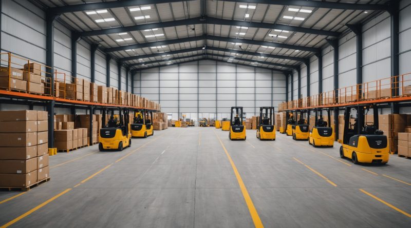 Entrepot logistique moderne avec camions et zone de tri, illustration de l'expansion du e-commerce en France