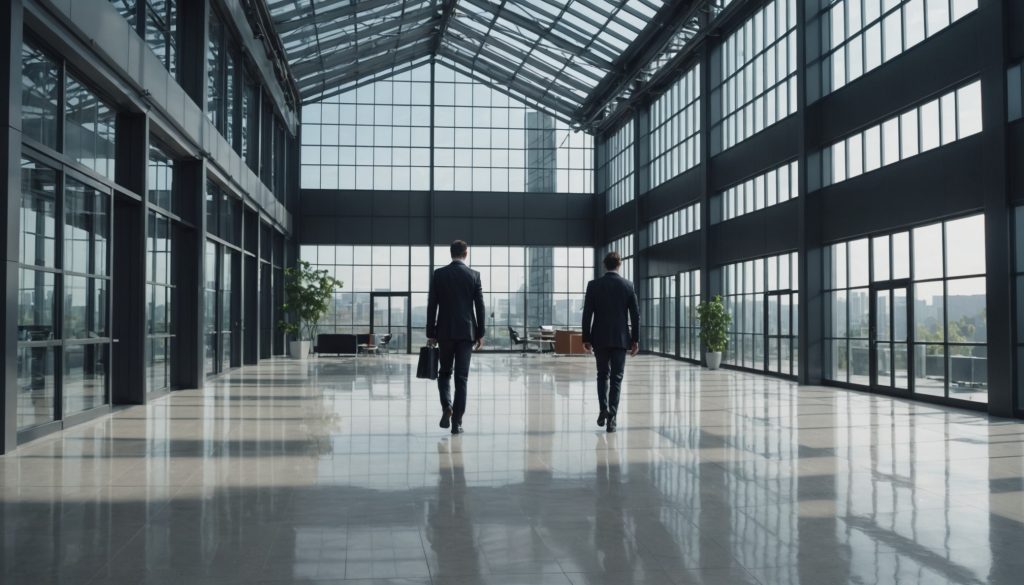 Dirigeant d'entreprise dans un hall industriel moderne, symbole de nomination à la direction générale
