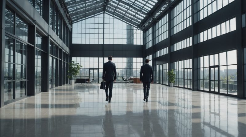 Dirigeant d'entreprise dans un hall industriel moderne, symbole de nomination à la direction générale