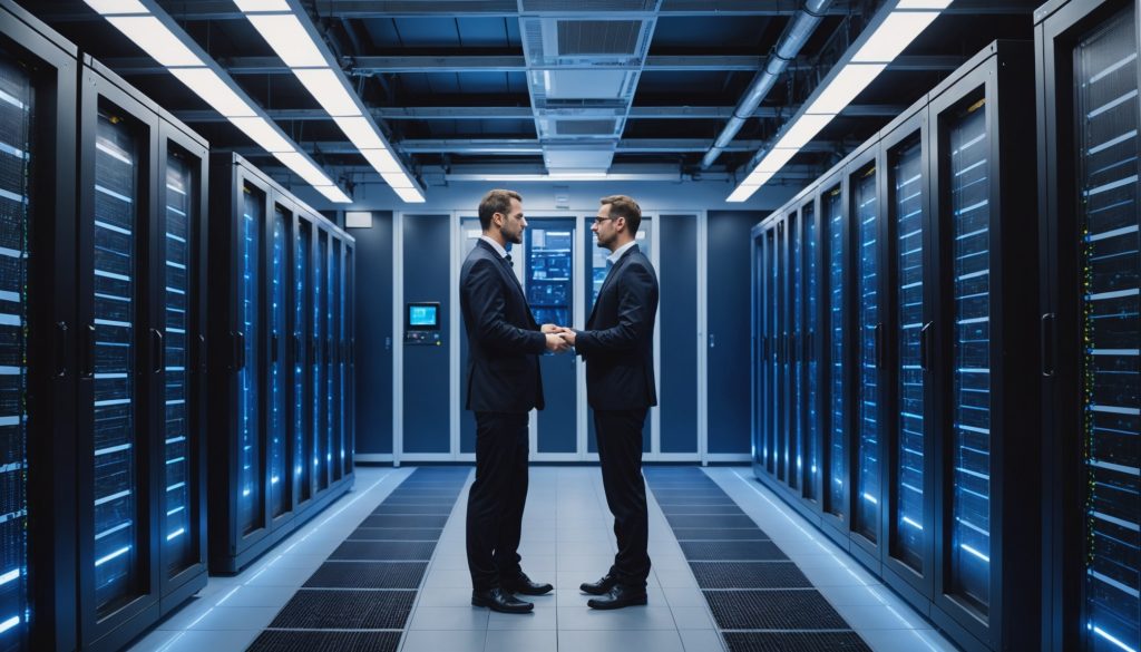 Centre de données moderne avec racks serveurs et infrastructures électriques pour l'intelligence artificielle