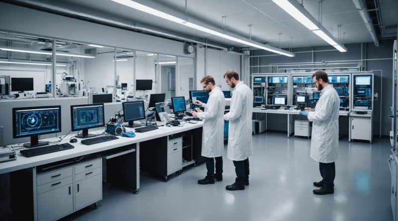 Ingénieurs dans un laboratoire industriel deeptech avec équipement de calcul quantique