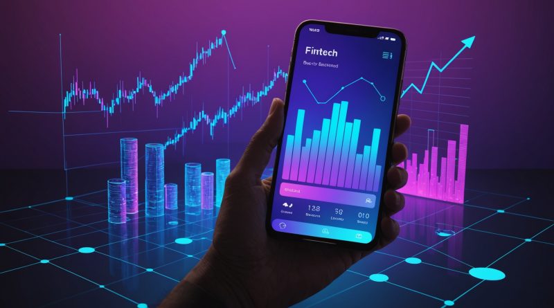 Illustration d'une application bancaire fintech avec silhouette de banque et smartphone