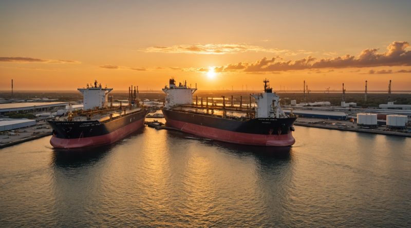 Terminal de stockage petrolier et tanker illustrant les resultats semestriels de Rubis