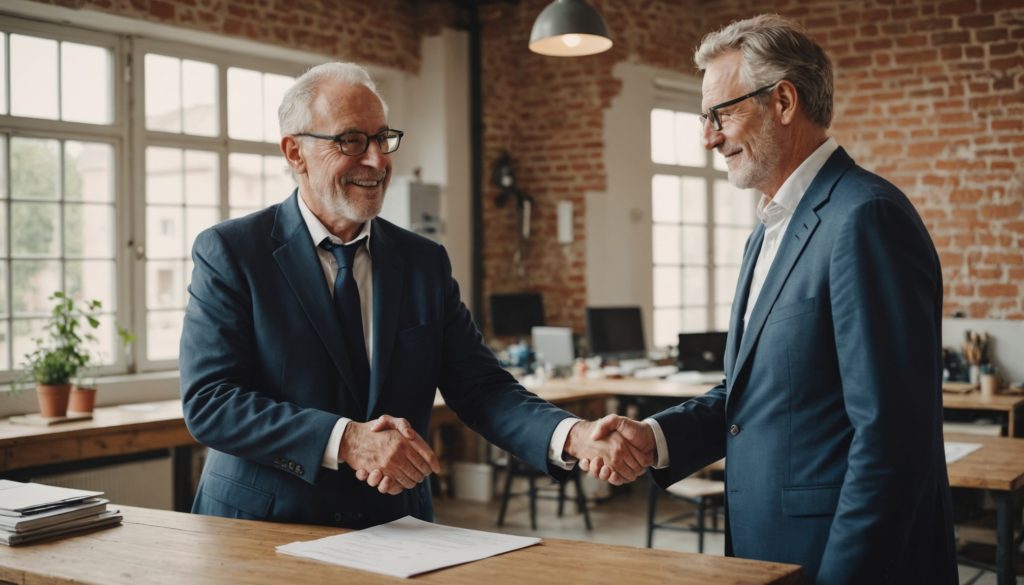 Chef d'entreprise transmettant son activité à un jeune repreneur