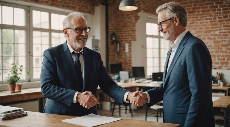 Chef d'entreprise transmettant son activité à un jeune repreneur
