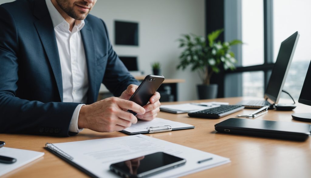 Professionnel utilisant son smartphone au bureau pour comparer les forfaits mobiles