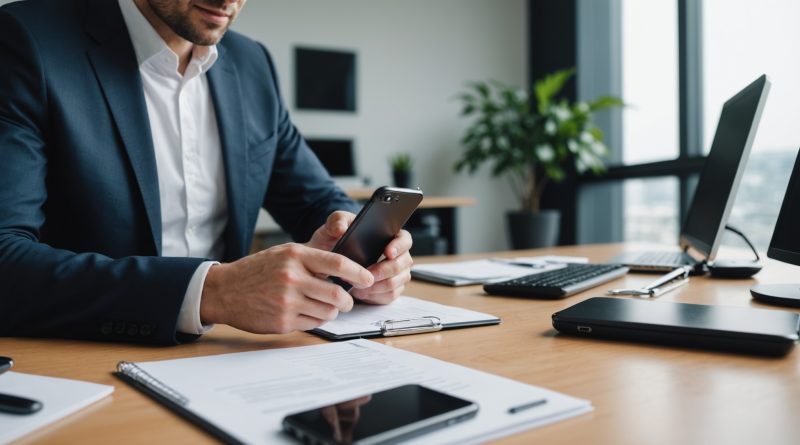 Professionnel utilisant son smartphone au bureau pour comparer les forfaits mobiles