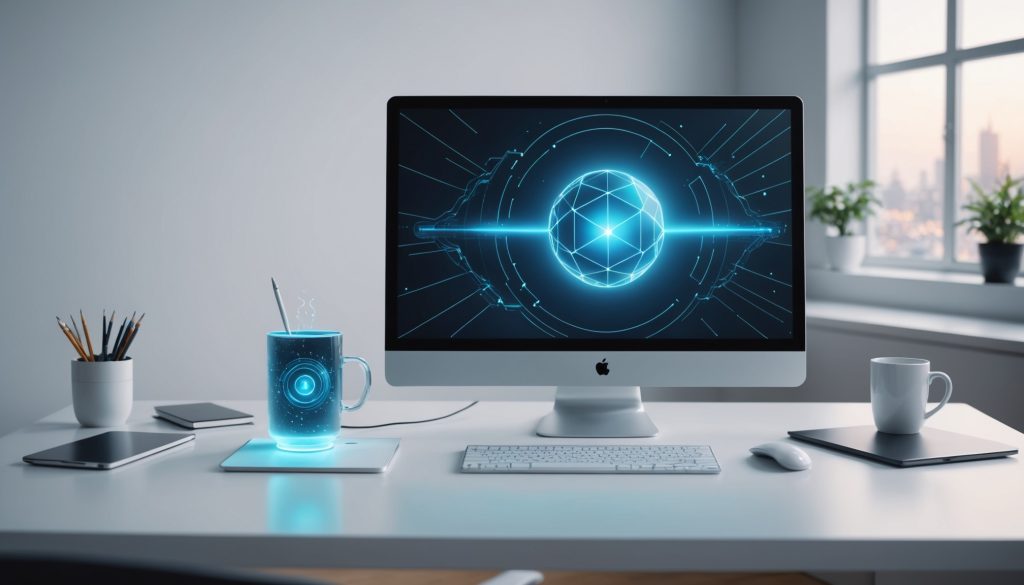 Illustration d'un poste de travail avec une interface IA holographique, symbolisant les agents autonomes de Delos