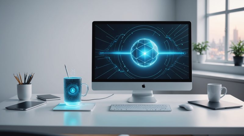 Illustration d'un poste de travail avec une interface IA holographique, symbolisant les agents autonomes de Delos