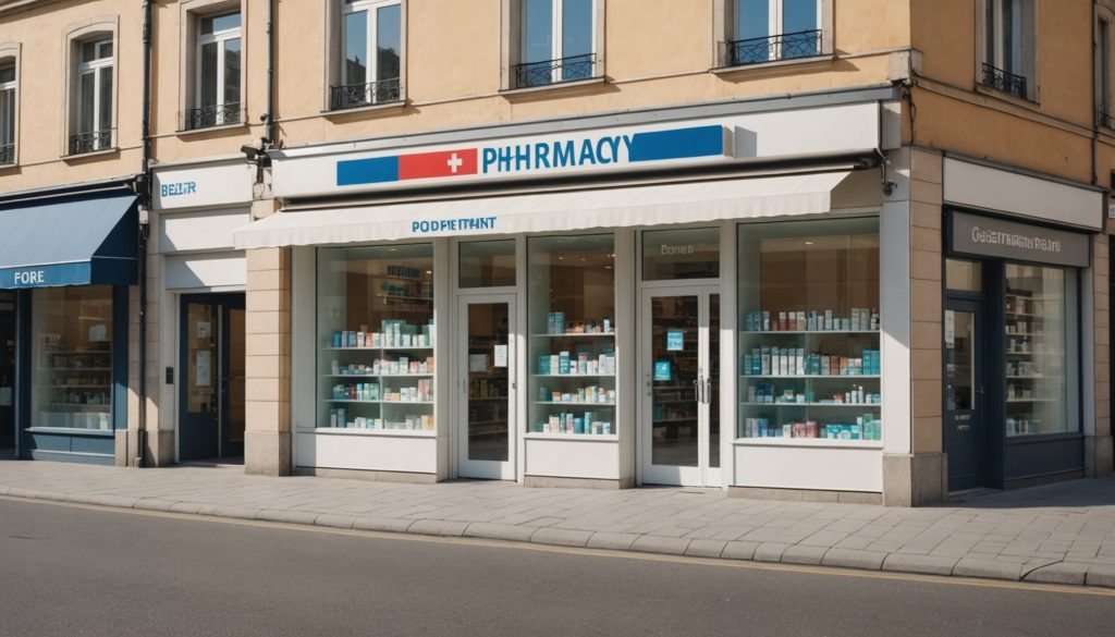 Illustration d'une pharmacie moderne symbolisant l'expansion européenne d'un groupe pharmaceutique français