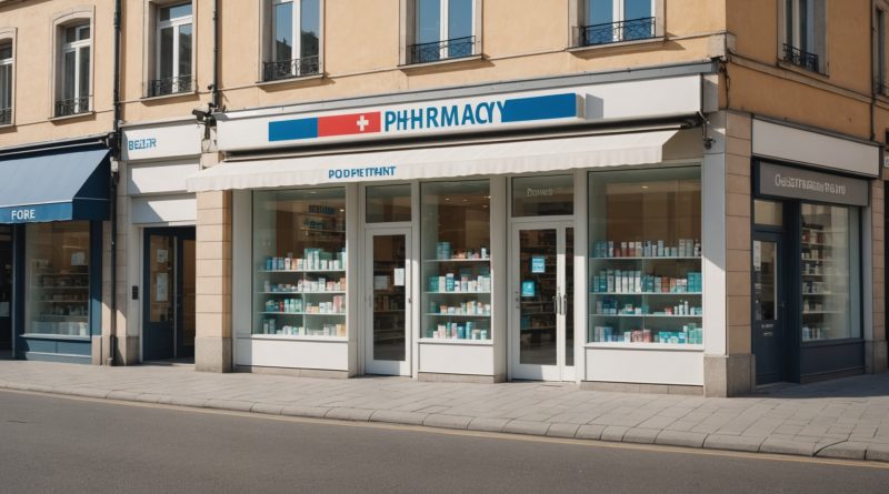 Illustration d'une pharmacie moderne symbolisant l'expansion européenne d'un groupe pharmaceutique français