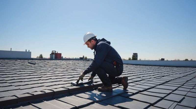 Couvreur inspectant la toiture rénovée d'un bâtiment professionnel