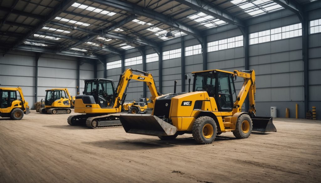 Engins de chantier compacts dans une cour industrielle