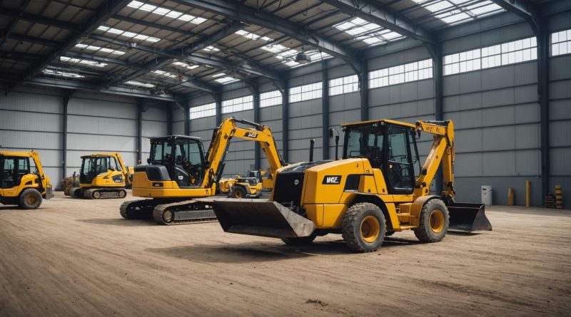 Engins de chantier compacts dans une cour industrielle