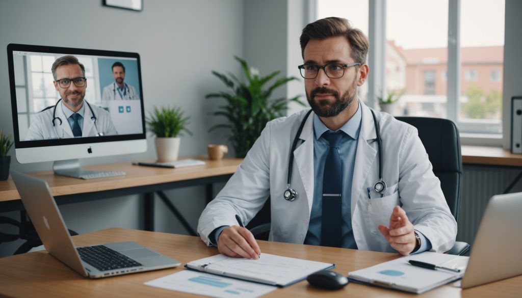 Salarié en téléconsultation médicale par visioconférence sur son lieu de travail