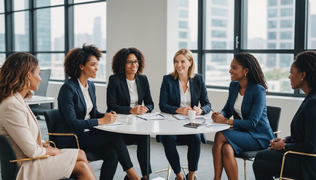 Groupe de femmes entrepreneures échangeant lors d'une session de mentorat