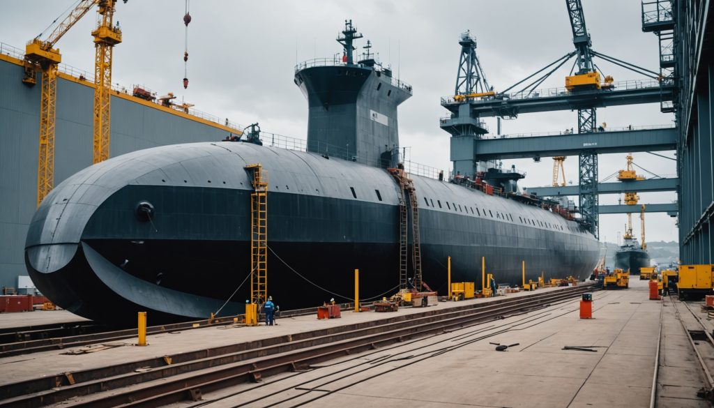Chantier naval industriel avec coque de sous-marin en construction, illustration Naval Group Indret