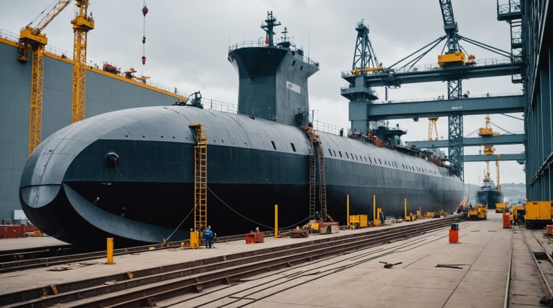 Chantier naval industriel avec coque de sous-marin en construction, illustration Naval Group Indret
