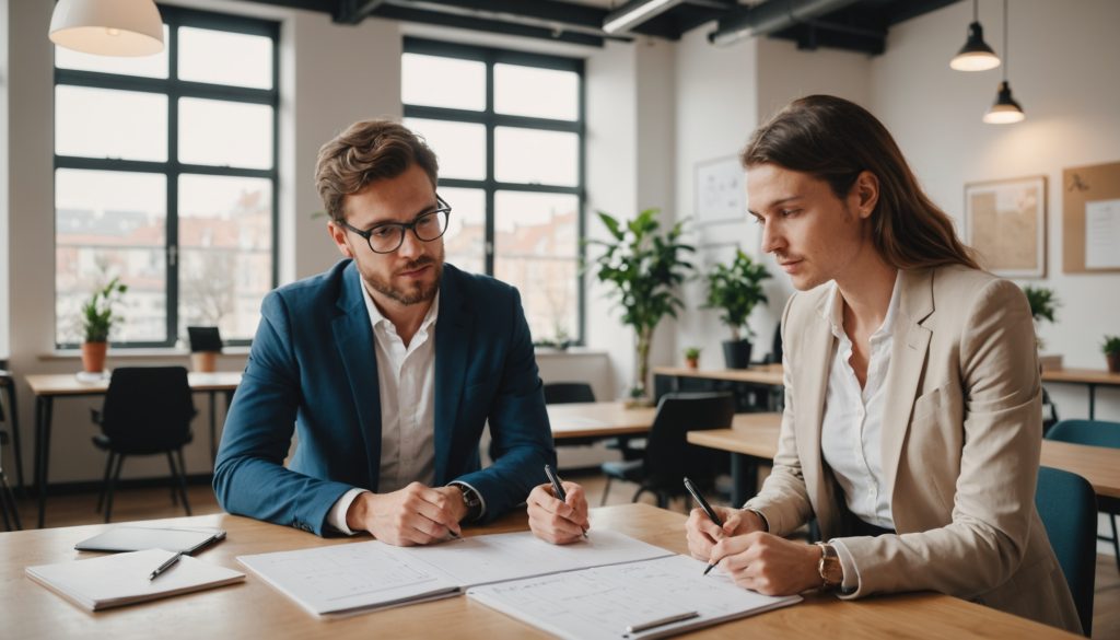 Jeune entrepreneur présentant son projet à un mentor dans un espace de coworking lumineux