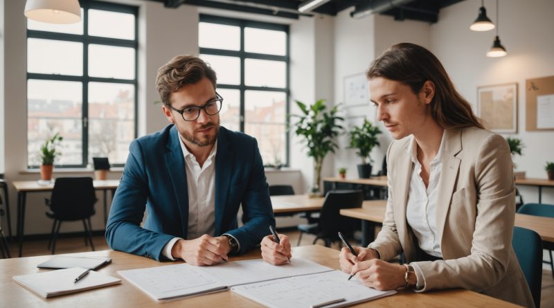Jeune entrepreneur présentant son projet à un mentor dans un espace de coworking lumineux