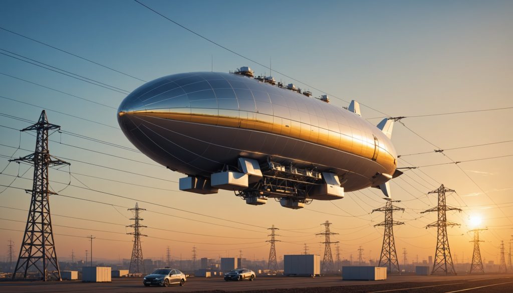 Illustration générée par IA d'un dirigeable autonome survolant des lignes électriques