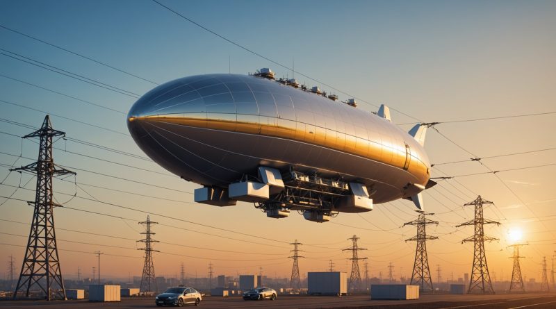 Illustration générée par IA d'un dirigeable autonome survolant des lignes électriques