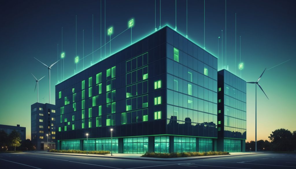 Illustration générée par IA d'un bâtiment intelligent connecté, illustrant le rachat de Shelly Group par Schneider Electric