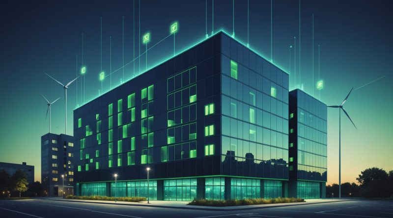 Illustration générée par IA d'un bâtiment intelligent connecté, illustrant le rachat de Shelly Group par Schneider Electric