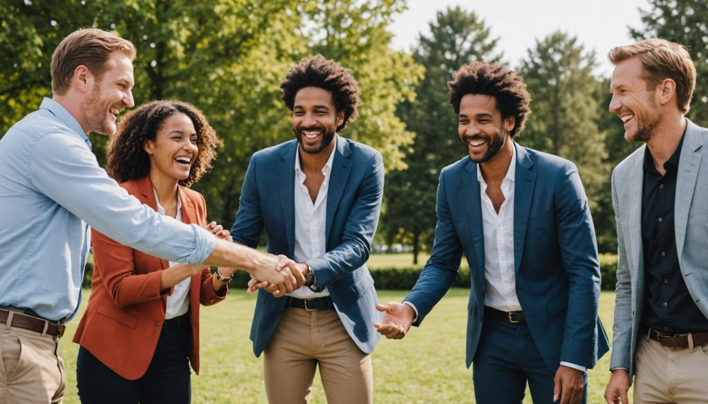 Groupe de collègues participant à une activité entreprise de team building en extérieur