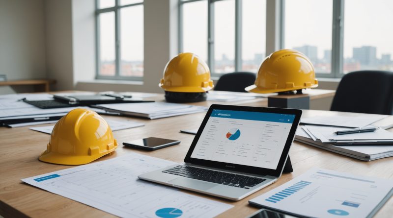 Bureau de chantier avec tablette affichant un tableau de bord de facturation numérique