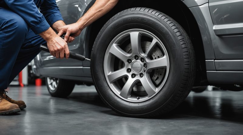 Technicien contrôlant un pneu de véhicule professionnel dans un atelier