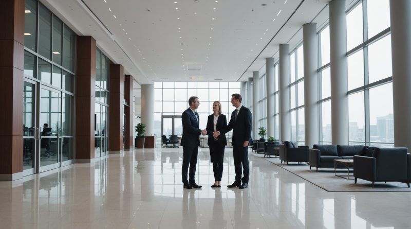 Bureaux modernes symbolisant une transition de direction générale dans le secteur de l'assurance et de l'épargne